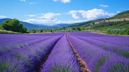 Obraz premium Vast lavender fields stretching across a scenic landscape.