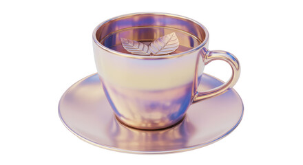 Isolated Golden Tea Cup with Mint and Saucer