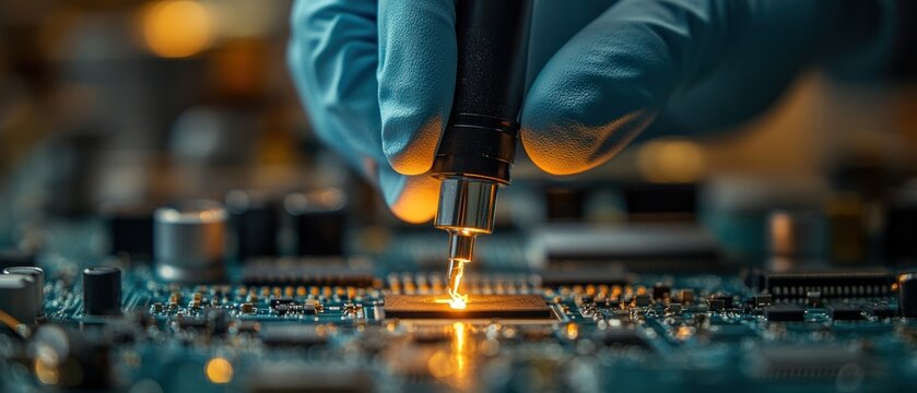 Gloved hand carefully solders microchip on a circuit board using precision testing probe, representing intricate electronic repair.