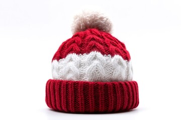 Cozy crimson knit hat with snow-white cable twists, evokes Nordic Yule warmth, enveloping winter solstice charm in woven whispers