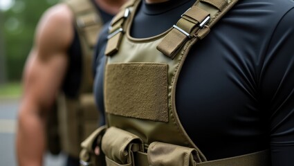Rucking Vest. Rucksack for Exploration. Trend product close-up. Outdoor enthusiast wears rucksack with camera and helmet for rugged exploration and adventure photography excursions outdoors.