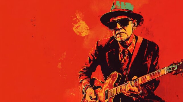 Blues musician playing guitar, red background, music poster