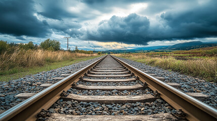Fototapeta premium Railroad reaching into cloudy sky. Conclusion of the line.