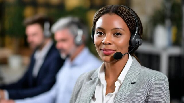 Confident customer service representative assists clients with a smile.