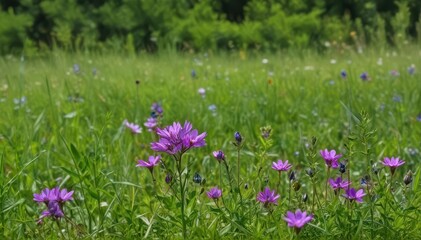 Obraz premium A vibrant purple wildflower blooms amidst lush green grass , texture, outdoor, photography