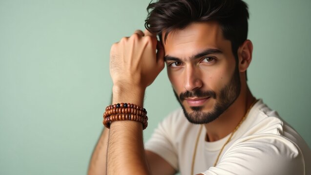 Rudraksha Bracelet. Spiritual Elegance Rings. Male man model isolated background. Serene male figure wears sacred rudraksha bracelet, exuding spiritual elegance and quiet confidence always.