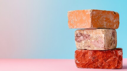 Three irregular bricks arranged haphazardly in a line against a soft pastel backdrop 