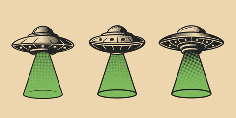 Vintage UFO icon set. Three classic flying saucers with green beam light in retro style. Perfect for emblems, labels, badges design. Vector illustration.