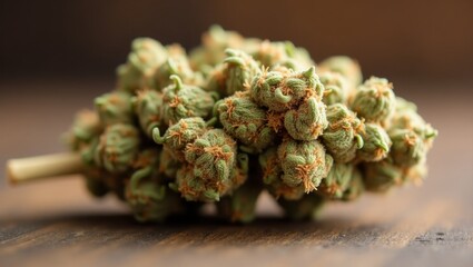 Runtz. Marijuana buds.. Trend product close-up. Plate of marijuana buds rests on wooden surface, embodying relaxed indulgence and casual intimacy.