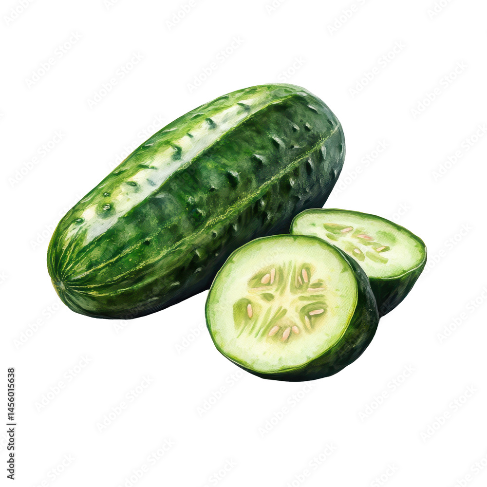 Poster fresh cucumber on a white background with sliced pieces showing seeds and texture inside