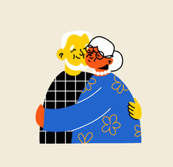 Set of cute elderly couples. Happy seniors together. Old men and women, spouses. Vector doodle cartoon illustration in flat style