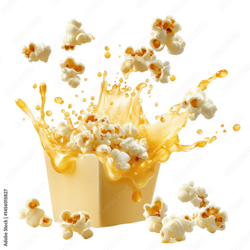 Aufkleber popcorn splashes dramatically from a container, creating an exciting scene of flavor and fun in a ki