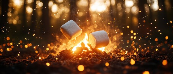 Two marshmallows hover over glowing campfire emitting sparks and embers against a backdrop of blurred trees.