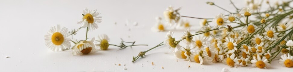 Obraz premium Delicate dried chamomile sprig, loose blossoms, white backdrop , vintage, macro