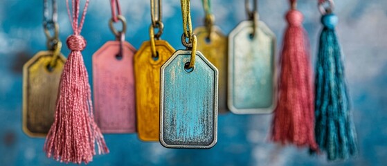 Tassels and metal tags dangle creating colorful handmade decoration showcasing bohemian style.