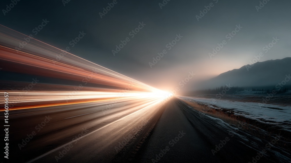 Poster bright trails of light streak along a nearly empty road at twilight, showcasing the contrast between