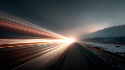 Bright trails of light streak along a nearly empty road at twilight, showcasing the contrast between the illuminated path and dark surroundings, with mountains fading into the evening sky