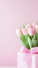Obraz premium Soft Petal: A gentle bunch of delicate pink tulips, nestled in a matching gift box with a silky ribbon, sits elegantly against a pastel backdrop, evoking feelings of springtime romance and elegance.