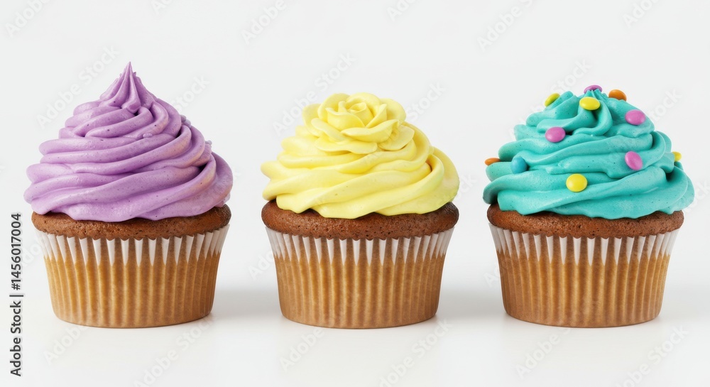 Poster three cupcakes with different colored frosting sitting in a row on a white background surface