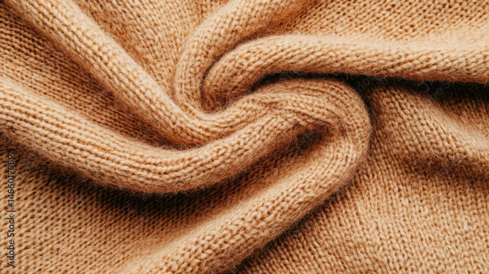 Poster a close-up view of a knitted fabric with a light brown color and a slightly fuzzy texture.