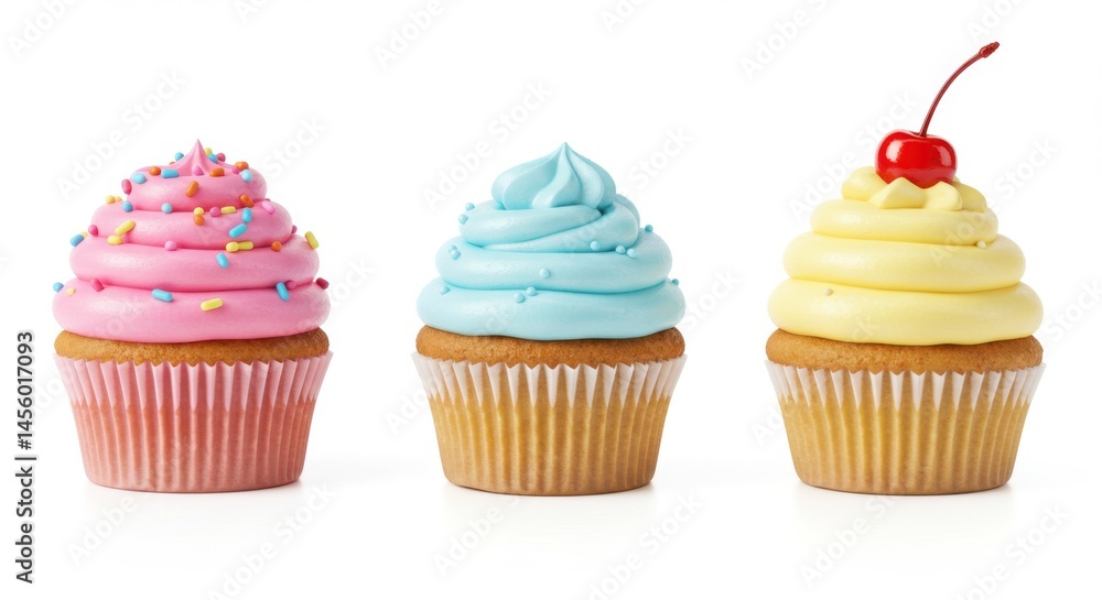 Poster three cupcakes with different colored frosting and toppings isolated on a white background close up