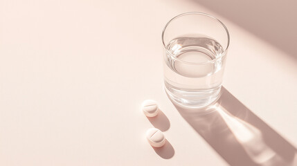 Glass of water with two white tablets placed on a soft surface in bright daylight