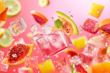 Colorful cocktail ad with ice cubes, juice drops and bright fruit elements in the air