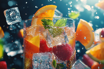 Colorful cocktail ad with ice cubes, juice drops and bright fruit elements in the air