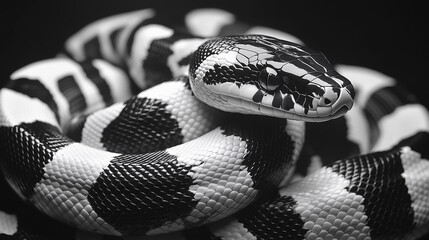 Obraz premium Black and white patterned snake resting on a dark surface captured in close-up view during daylight hours