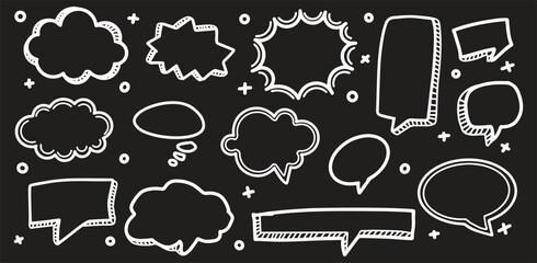 A collection of hand drawn comic style speech bubbles and doodle elements in white outlines on a black background