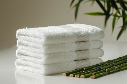 A stack of neatly folded white towels and bamboo branches. Bamboo towels have thermoregulatory properties, staying cool in summer and warm in winter.