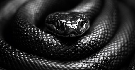 Obraz premium Dark black snake curled up on a textured surface in a close-up view showcasing its scales and mesmerizing features
