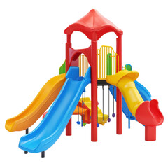 Colorful playground structure with slides and swings for children in a sunny park