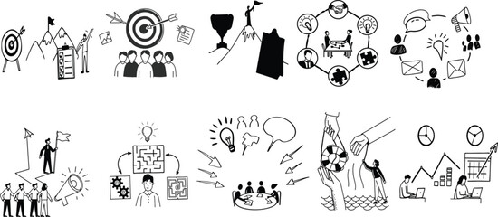 Fototapeta premium A minimal vector icon set illustrating teamwork concepts. 