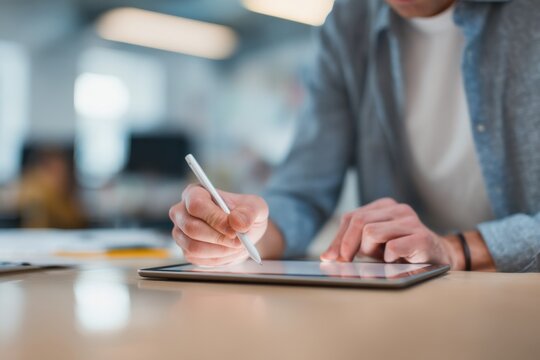 Close-up of a young man using a stylus on a tablet. - Powered by Adobe