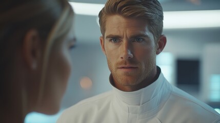 Close-up of two individuals engaging in a serious discussion.