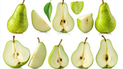 Fresh Pears Isolated Ripe Yellow Green Pear Halves on White