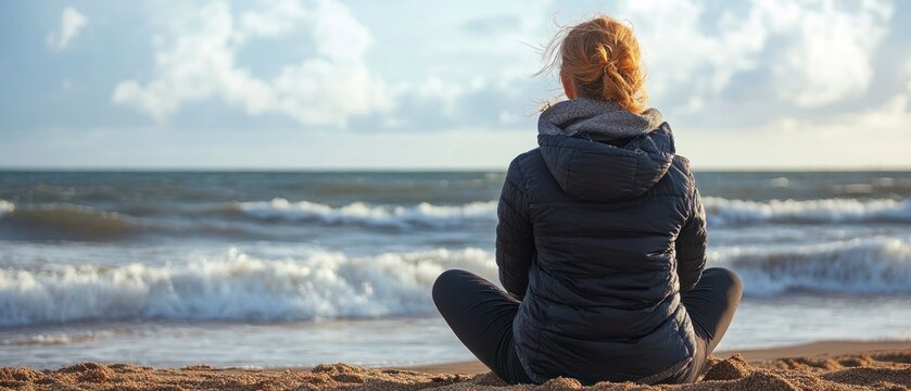 Redheaded woman sits in yoga pose at beach facing waves, exuding peacefulness. - Powered by Adobe