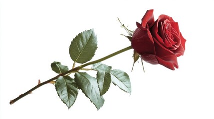 Fototapeta premium Single Red Rose Stem Leaves Isolated White Background