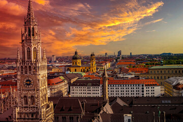 The view of landmark in munich with The New Town Hall at Marienplatz Square in Munich, Bavaria, Germany.
