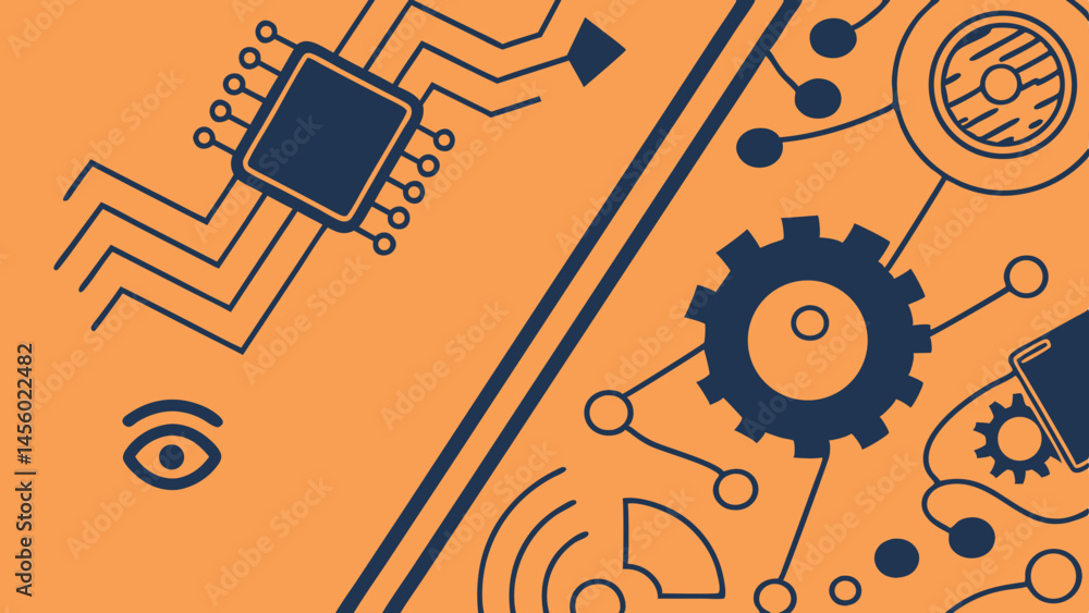 Poster vector digital background featuring orange and navy design with circuit patterns, gears, and abstrac