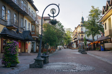 Krupówki Street. Early morning, famous resort street, nobody. Zakopane, Poland.