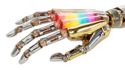 Futuristic robotic hand with vibrant glowing tubes and detailed design. transparent background