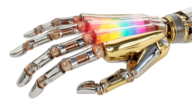 Futuristic robotic hand with vibrant glowing tubes and detailed design. transparent background