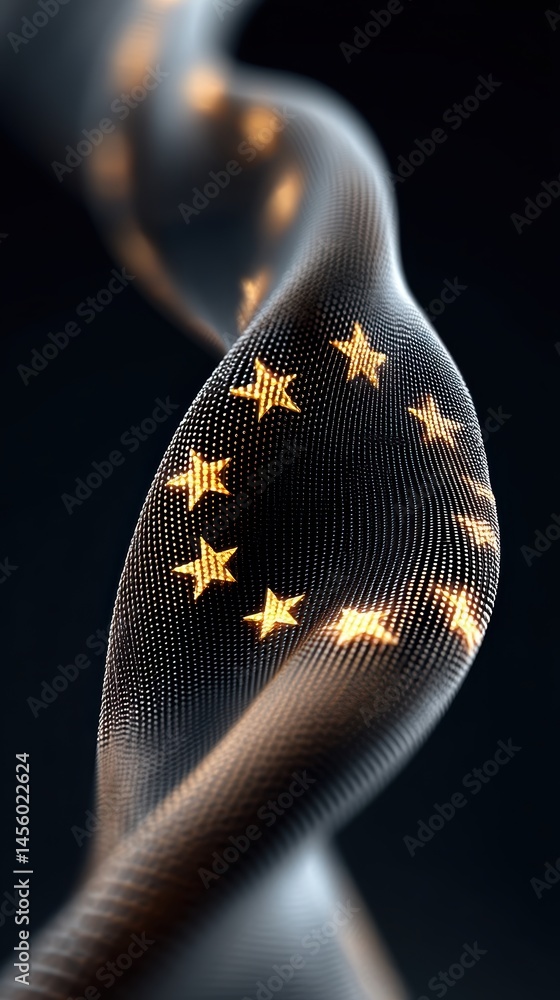 Poster abstract representation of a digital eu flag with a dynamic wave form and glowing stars, symbolizing