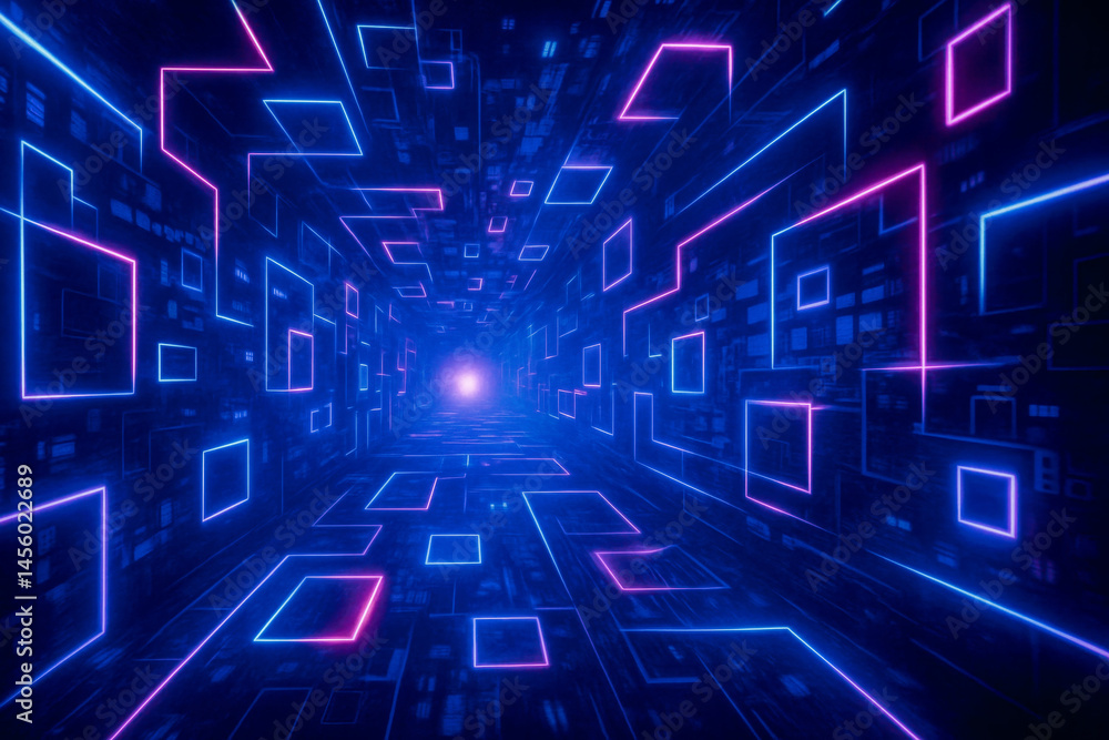 Poster futuristic glowing neon corridor with blue and pink square lines forming digital tunnel perspective 