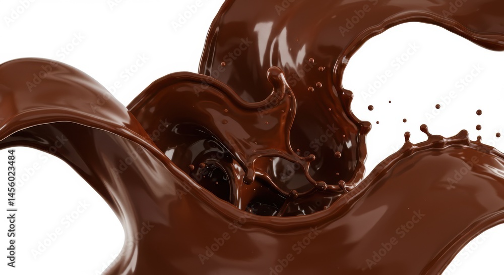 Poster a dynamic splash of dark chocolate liquid against a clean white backdrop creating a smooth swirl eff