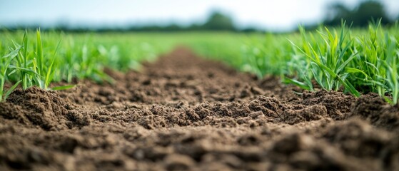 Fototapeta premium Seedlings thrive in cultivated soil within agricultural field, symbolizing growth.