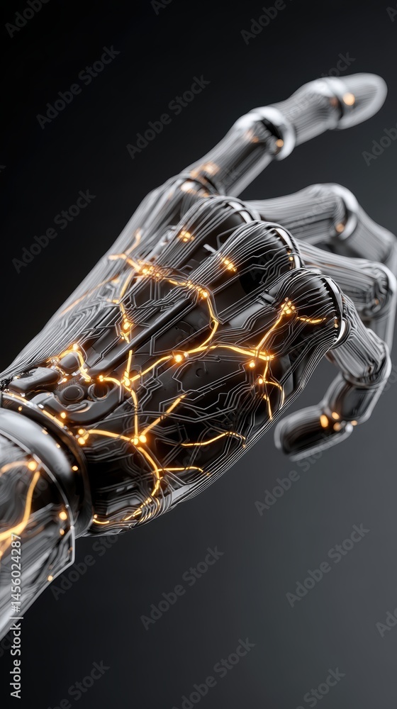 Poster a futuristic scene of an ai robotic hand extending to a human hand, showcasing the connection betwee