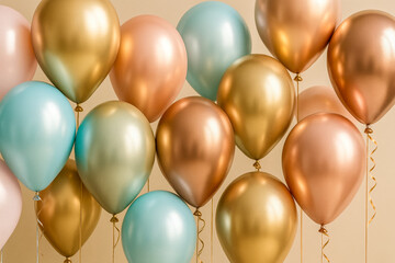 Gold bronze mint balloons packed tightly form luxurious cluster ideal for glamorous party decoration photo banner invitation or holiday greeting card